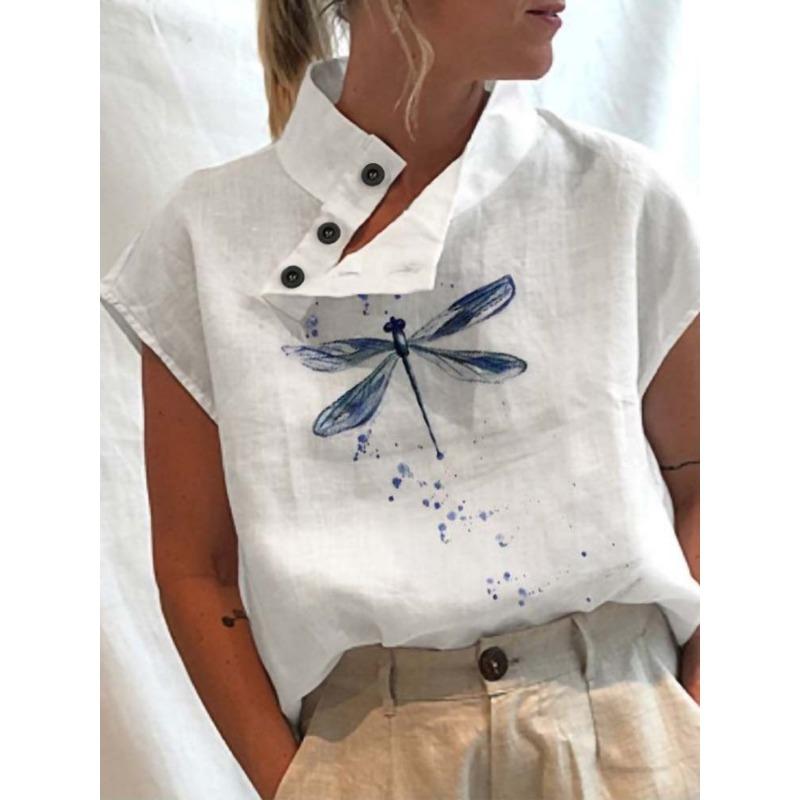 Summer new women s casual stand collar short sleeve printed women s tops T-shirt S белый