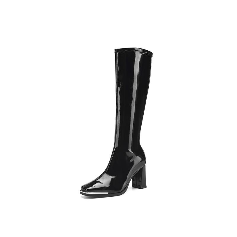 Fashion Red Patent Leather Knee High Boots 8cm High Heel Bar Stage Boots 35-42 Square Head Long Boots Autumn Winter Women Party Shoes