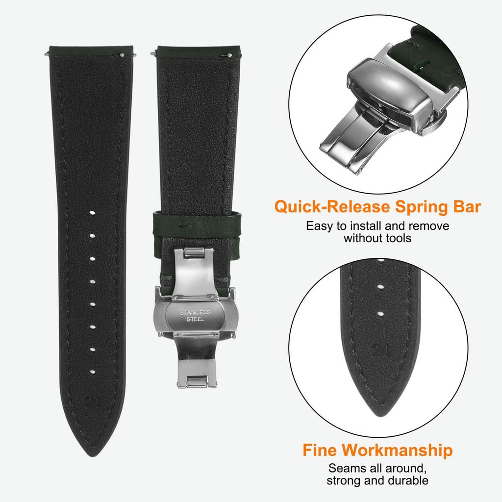 [uxcell] 24mm Leather Watch Band, Vintage Style Strap, Quick Release, Stainless Steel Butterfly Buckle, Unisex, Green
