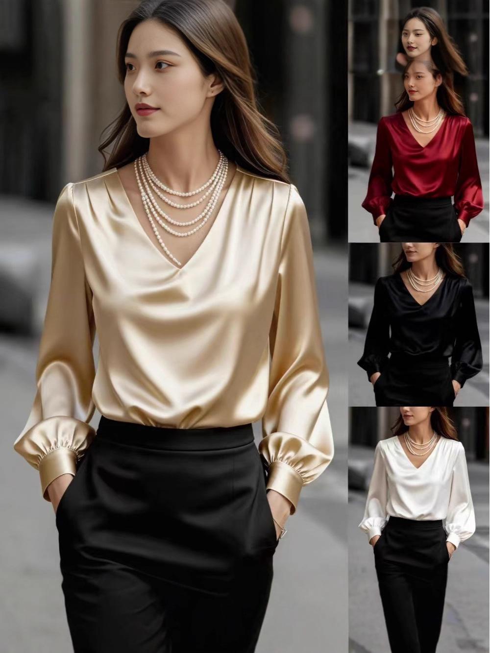 2025 French Elegant Puff Sleeve V-Neck Satin Shirt for Women XXXL белый