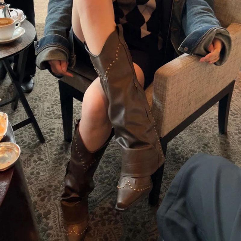 Fashion New Cowboy Western Knee High Boots Woman Chunky Heel Pointed Toe Long Botas Ladies Stylish Motorcycle Shoes with Rivets Boots