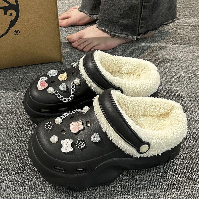 New velvet hole shoes women's winter non-slip outer wear cotton shoes heightened thick-soled home removable cotton slippers