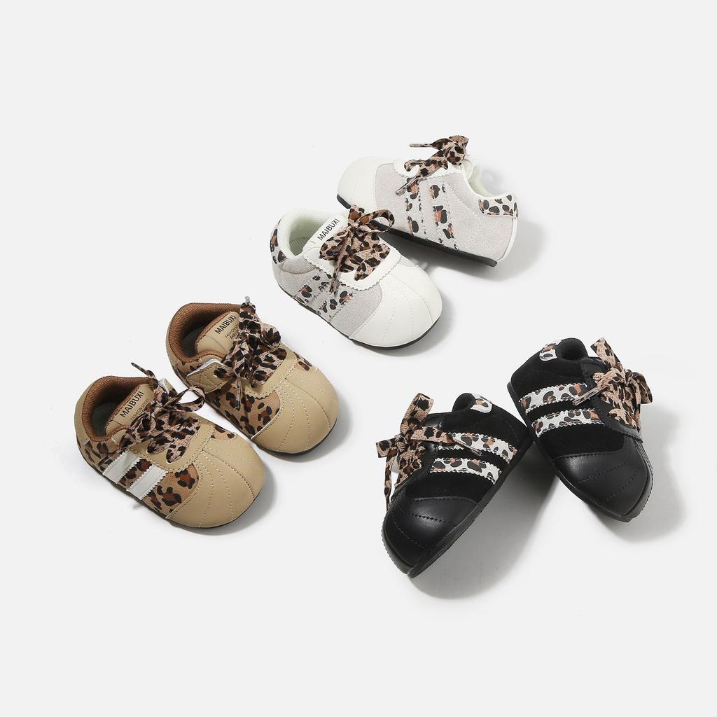 Spring 2026 Girls' Retro Leopard Print Baby Walker Shoes - Ugly Cute, Color Block Design.