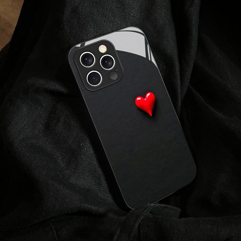Black background and small red heart glass phone case suitable for iPhone 17 16 15 14 13 12 11Pro Max Plus shockproof back cover