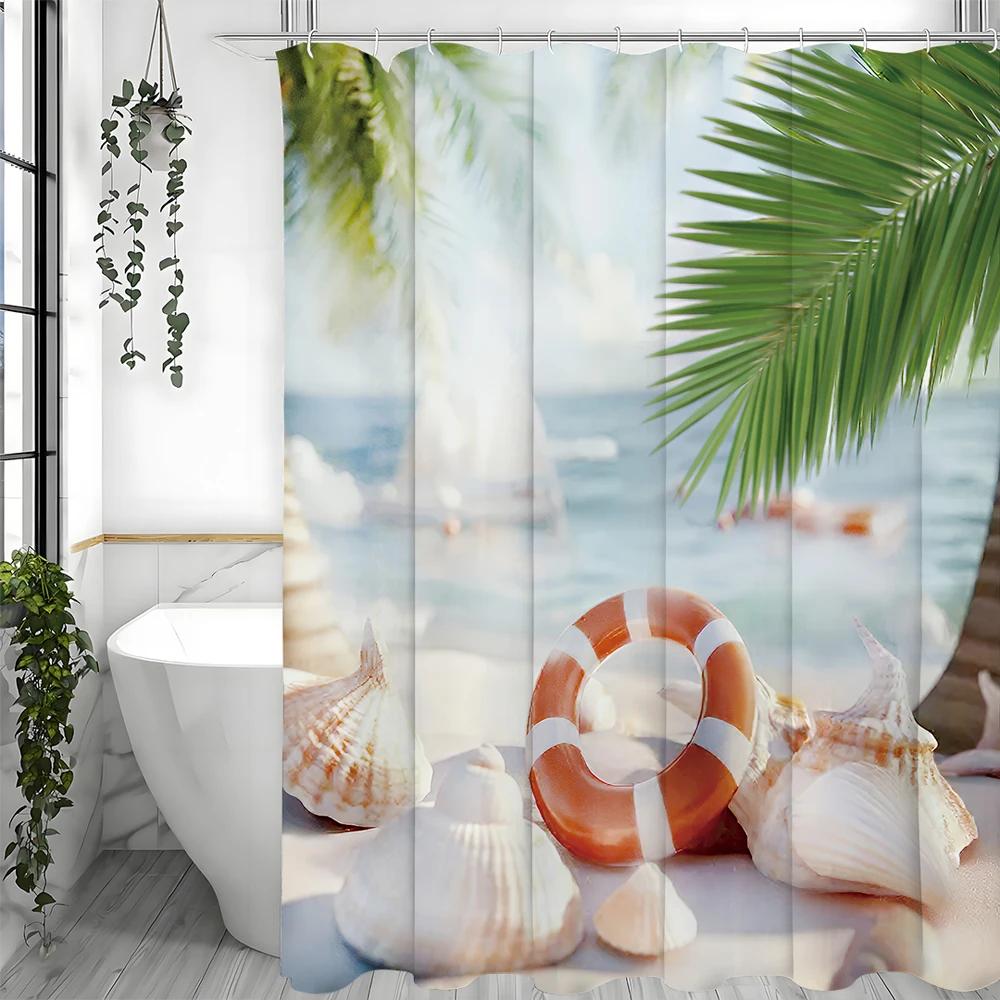 Ocean Beach Swimming Ring Shell Shower Curtain, Bathroom Decorative Shower Curtain, Waterproof Shower Curtain with Hooks