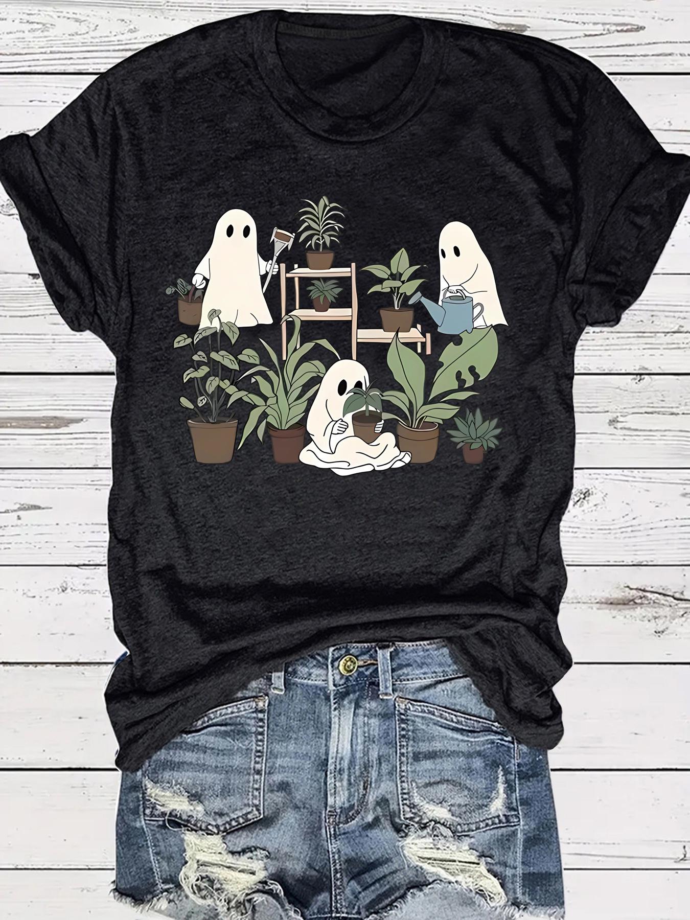 

Літня жіноча футболка з круглим вирізом та принтом квітки-привида на Хелловін, повсякденна мода, короткий рукав S чорний