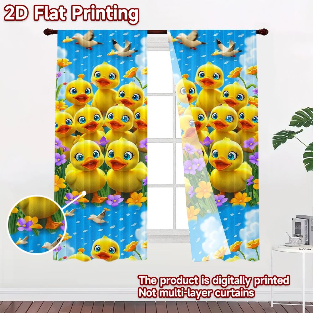2D FLAT PRINTING 2pcs Curtains (Without Rod) Playful Ducklings and Flowers Modern Contemporary Curtains Semi-Sheer Curtains