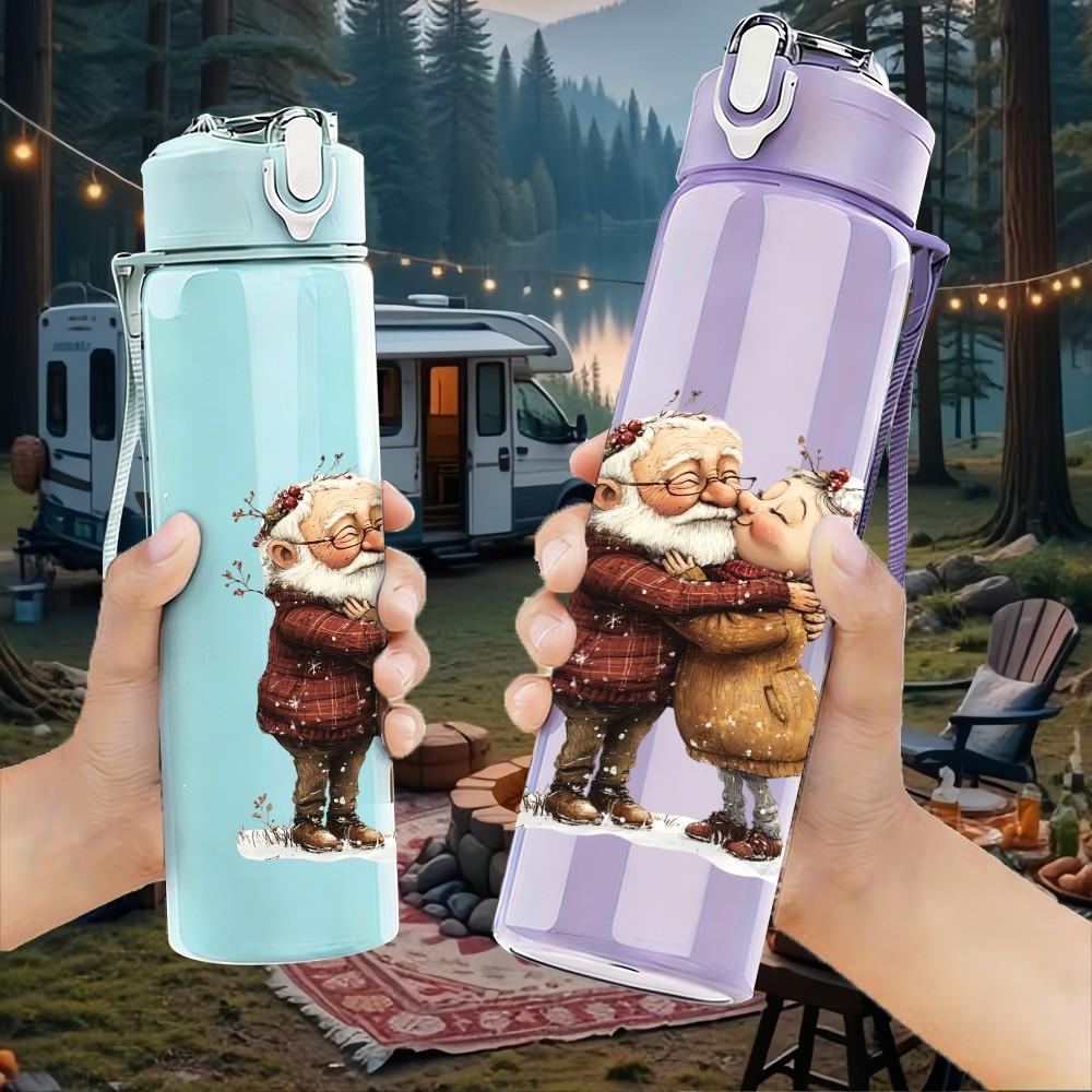 1PC Cute Santa Claus Retro Cartoon Pattern 750ml Color Plastic Sports Water Bottle Leakproof Flip Straw Lid Suitable for Sports Office Home Use