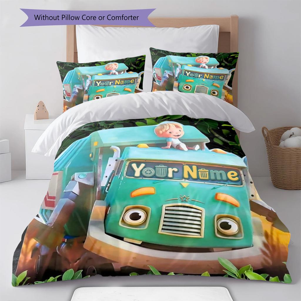 Müllwagen Abenteuer Individuelles Namensmuster Bettwäsche Steppdecke Set Bettbezug Kissenbezug Heim Geburtstagsgeschenk(1 Bettbezug + 2 Kissenbezüge, ohne Füllung)