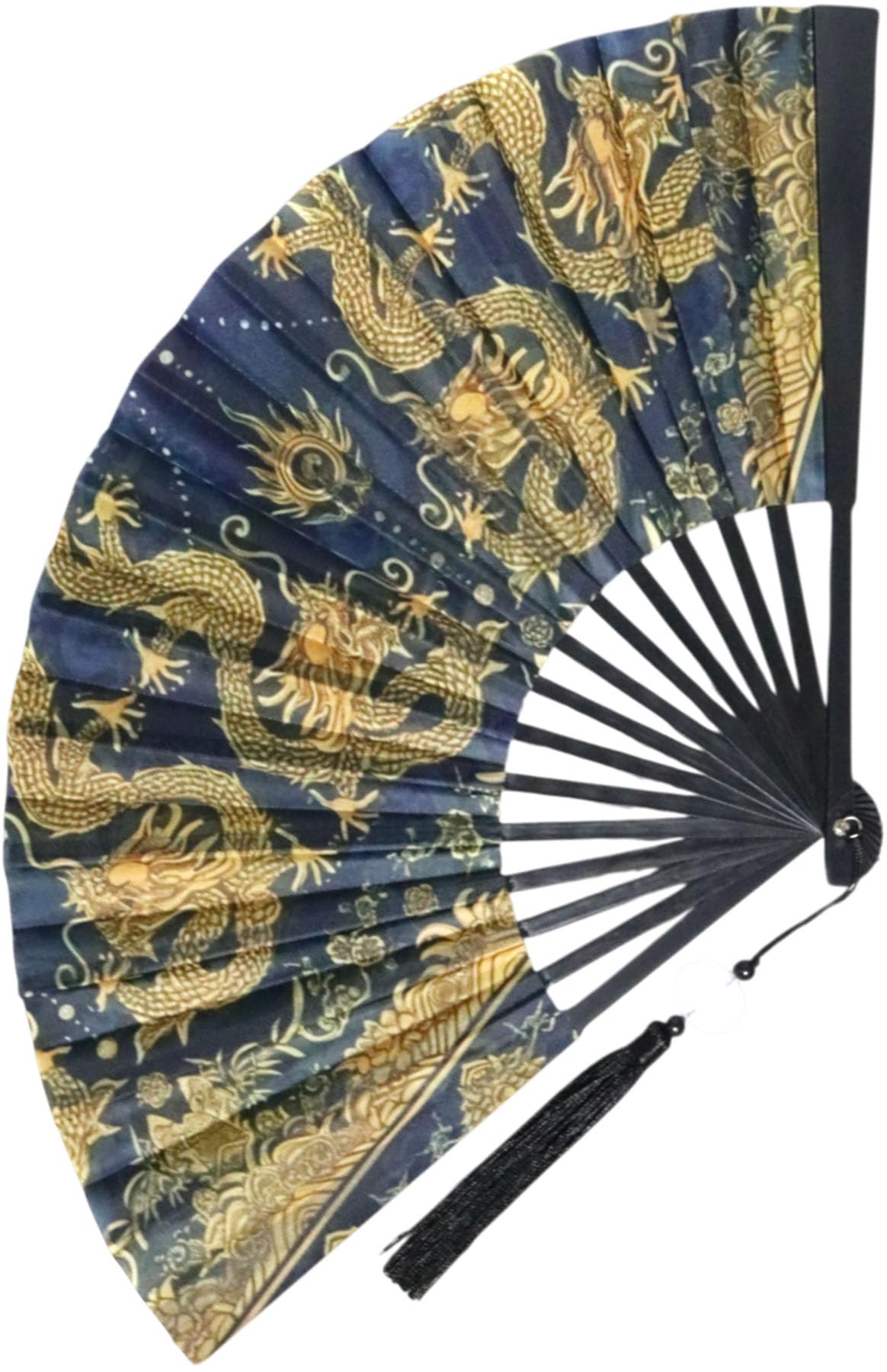 

Double Golden Dragon Fan for Men Dragon Tiger Design Japanese Style Foldable Tassel Lightweight Large Size Summer Festival Lucky Charm Feng Shui Blue