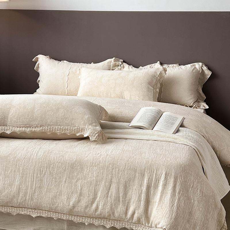 

Natural Linen Cotton French Vintage Jacquard Hollow Lace Princess Bedding Set Duvet Cover Bed Sheet/Fitted Sheet Pillowcase 4Pcs Queen 200X230cm 4pcs