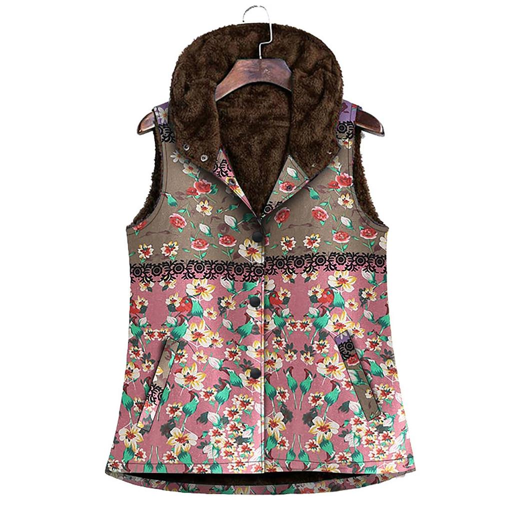 Women Vintage Warm Sleeveless Printed Pockets Thicker Hasp Hooded Vest Coat