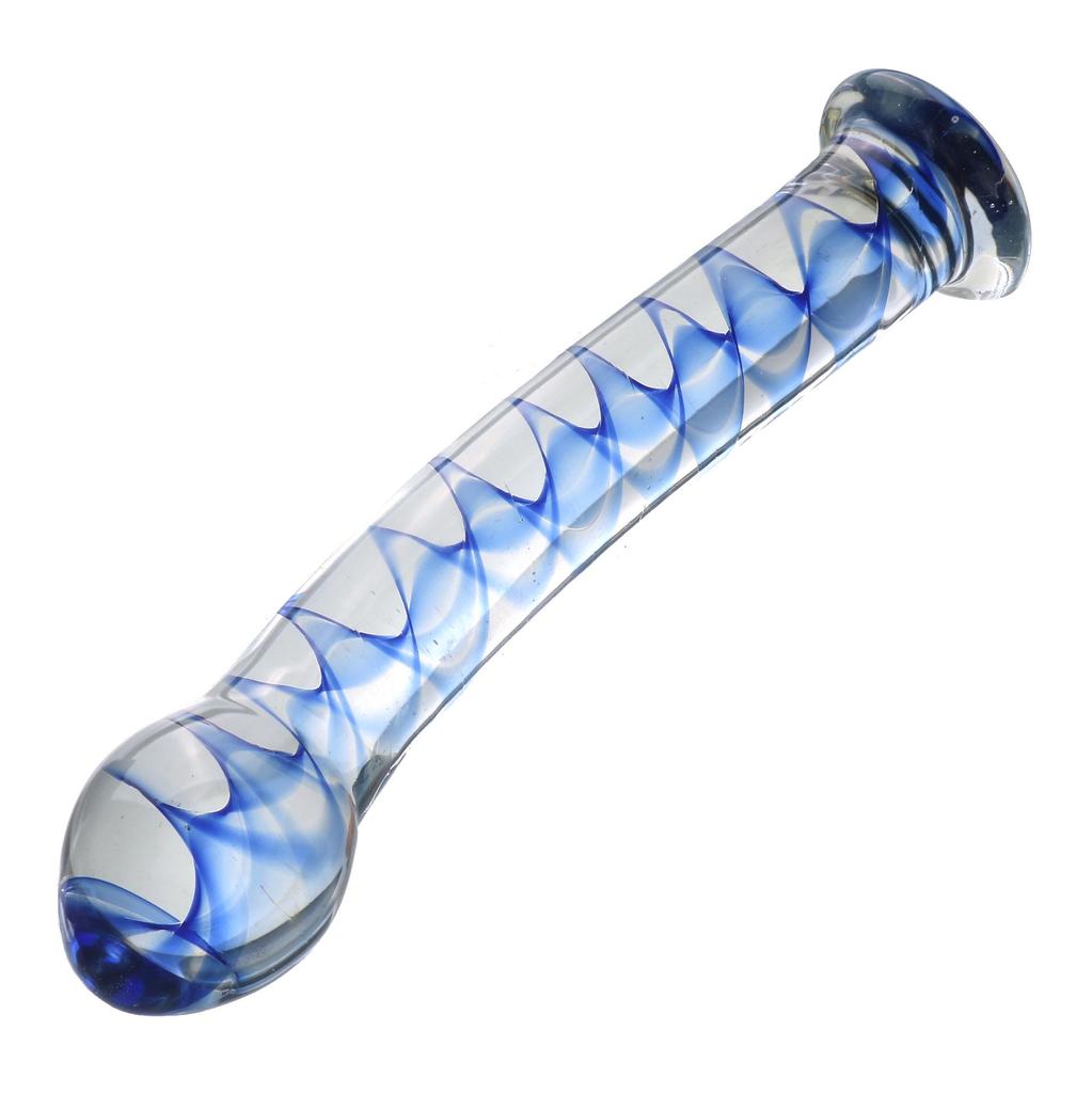 Blue-Red Inner Carved Flower Ribbed Glass Dildo with Handle for Female Use