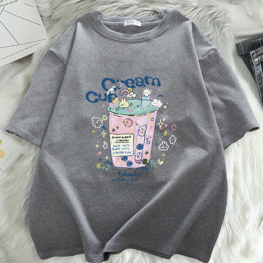 Summer Short Sleeve Tshirt Women Cartoon Print Round Neck Top Fashion Loose Tee
