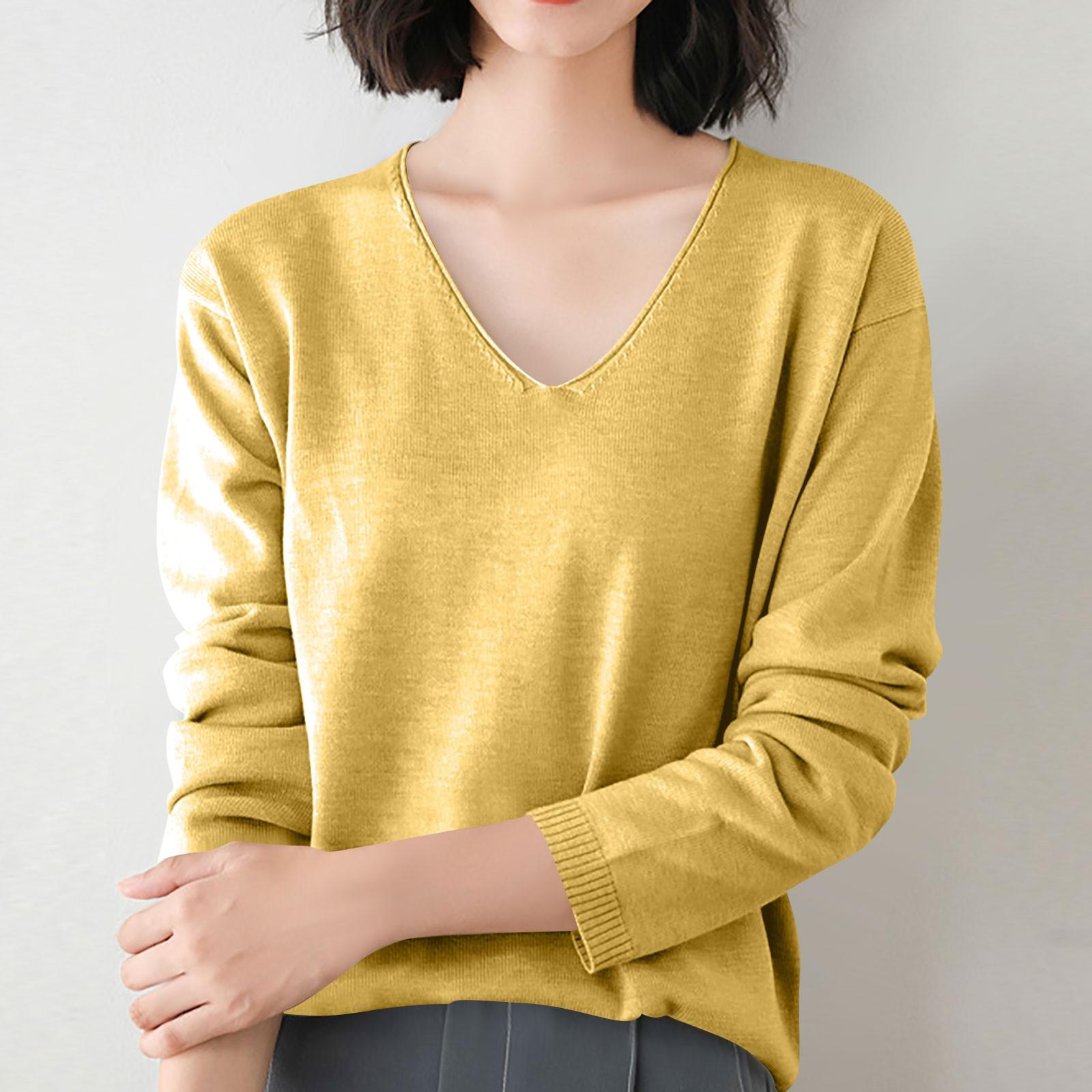 

Женская мода свободный трикотажный свитер нижняя часть рубашки V-образный вырез пуловер длинный рукав однотонный топ XL жёлтый