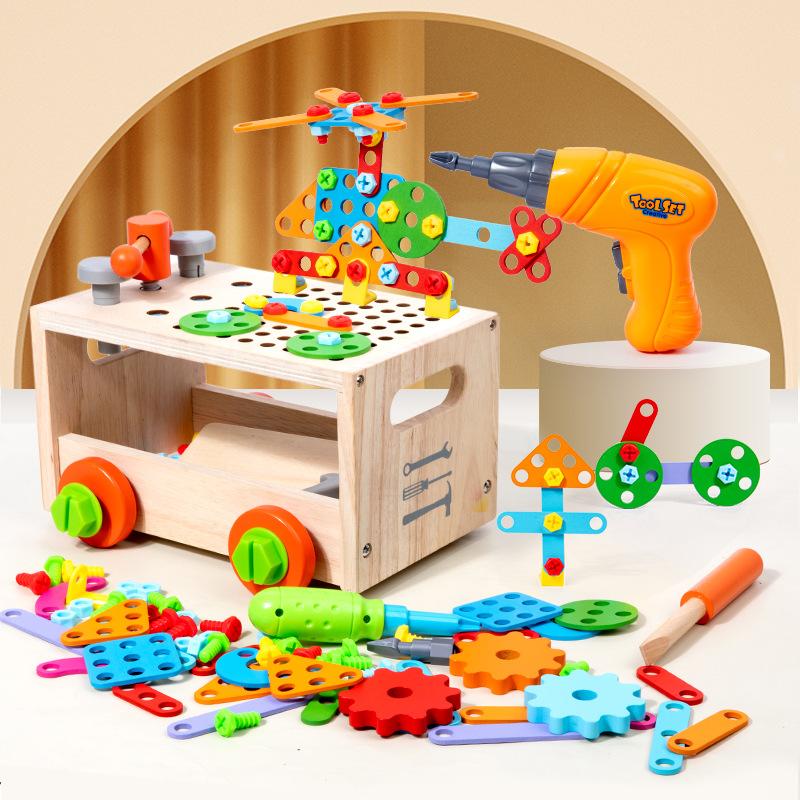 Children's Wooden Dismantling and Assembly Tool Combination Set Tool Cart Multifunctional with Electric Screwdriver Tool Cart Toy