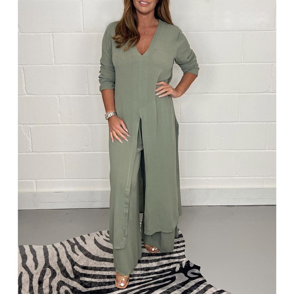 IHUASU Sommer- und Herbst Damen Split Langtop und Lange Hose Set