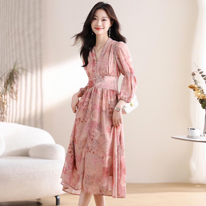 Elegant Pink Floral Tea Dress with Lantern Sleeves - Slimming Waist, Feminine Autumn Style Medium
