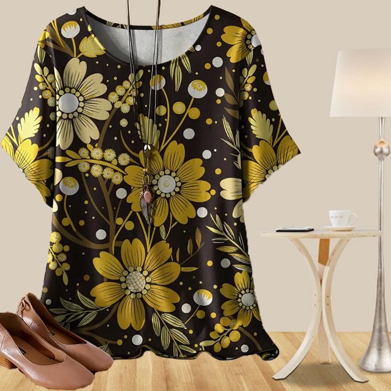 Women's Fashion Casual Loose Spring Shirt Women's Short Sleeve Marble Patterned Sunflower Printed Tops