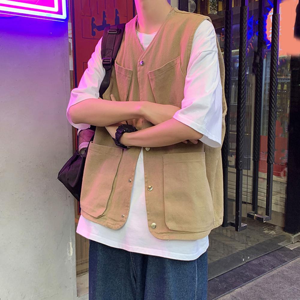 Men Cargo Waistcoat Sleeveless Single Breasted Multi Pockets Design One Tone Athletic Vest Outdoor Use Street Wear