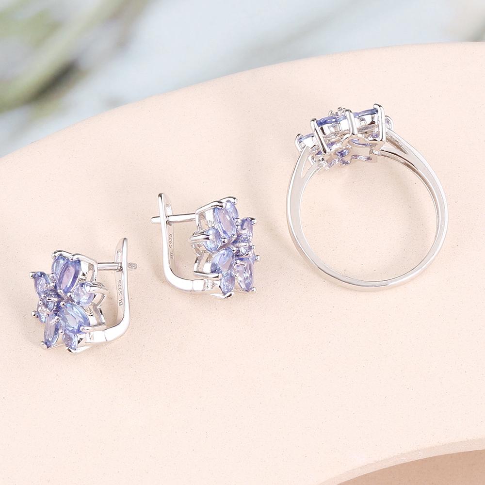 Ensemble de bijoux en argent sterling 925 avec boucles d'oreilles et bague en tanzanite bleue naturelle, bijoux fins, cadeau pour femme