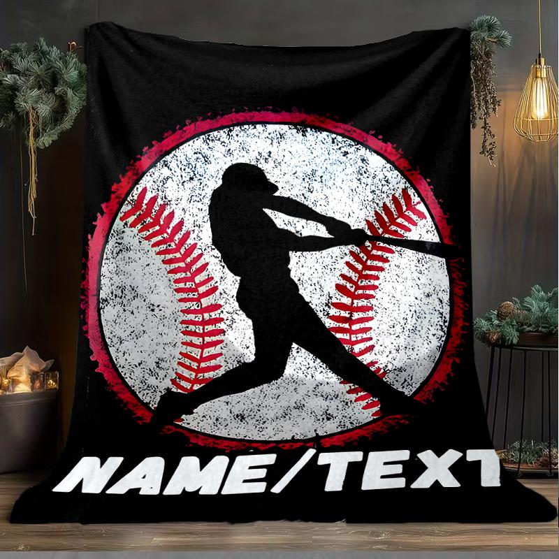 1PC Custom Name Baseball Player Silhouette Art outdooor Flannel blankets Throw Blanket All-Season Throw Gift Bedspread for Couch, Bed, Camping Holiday