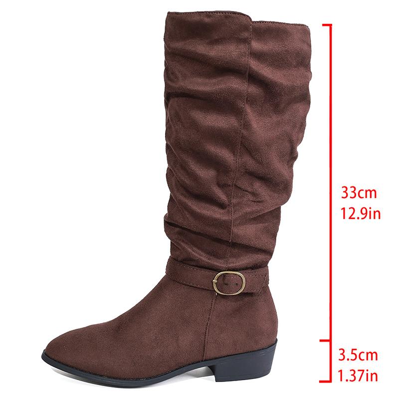 Pleated Design Block Heel Knee High Boots Women Plus Size 36-42 Zipper Long Boots Woman  Fashion Buckle Flock Botas Mujer