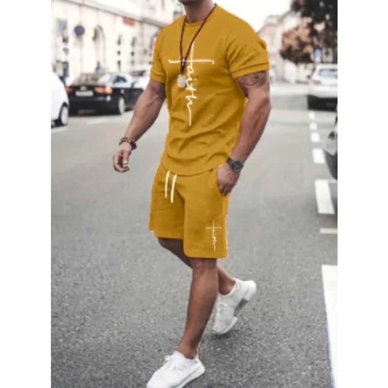 

Men s 3D Printed Sports Two-Piece Set O-Neck T-Shirt Letter Print Casual Fitness Short Sleeve Tops Shorts 6XL