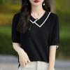 Women's Summer Tencel Lyocell Square Collar Contrast Honeycomb Knit Short-Sleeve Sweater Top