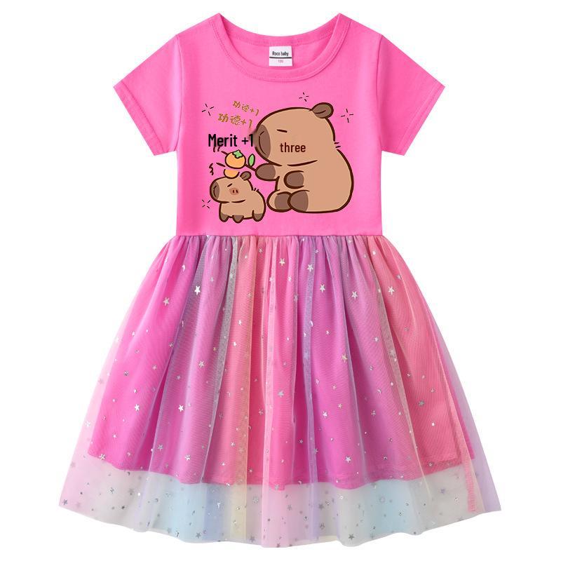 Kids' Korean Style Rainbow Sequin Princess Dress with Mesh Pleats - Short Sleeve for Summer, Long Sleeve for Spring/Autumn