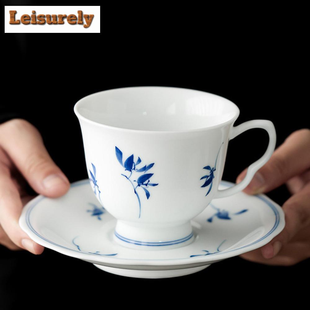 145ml Pure Hand-painted Butterfly Orchid Coffee Cup Saucer Set Dehua White Porcelain Cappuccino Latte Cup Oatmeal Breakfast Mug