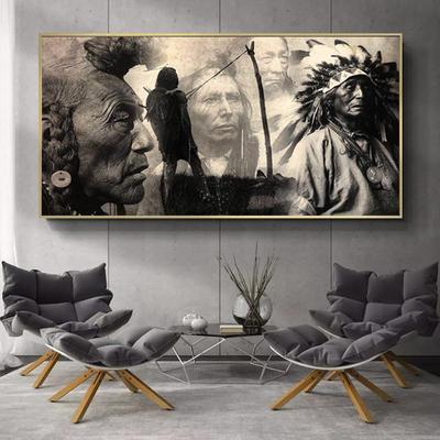 Schwarz-Weiß-Indianer-Leinwandgemälde, Poster und Drucke, Porträt, Quadros, Wandkunst, Bild für Wohnzimmer-Dekoration, Cuadros