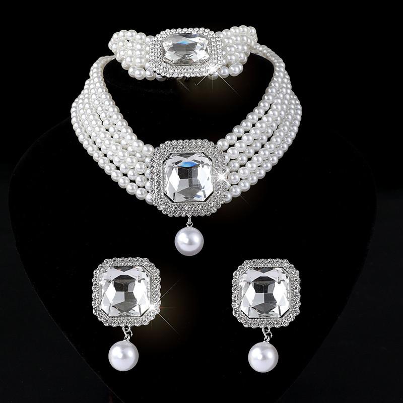 Square Crystal Diamond Earrings Necklace Set Choker Multilayer Bridal Anti-Pearl Necklace Earrings Women