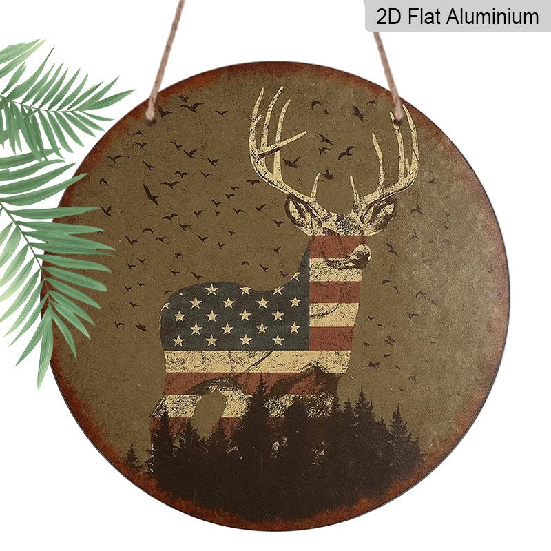 2D Flat, 1pc Round American Flag Deer Aluminum Hanging Sign, Vintage Patriotic Buck Hunting Design, Rustic Metal Wall Decor, Perfect for 4th of July