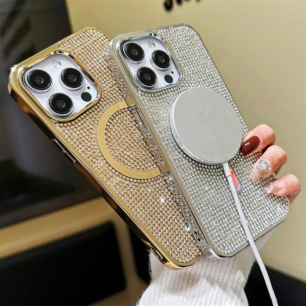 Full Diamond Rhinestones Laser Glitter Magnetic For Magsafe Case For iPhone 15 11 12 13 14 Pro Max Plus Charging Plating Cover