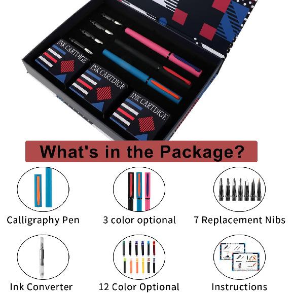 Calligraphy Pen Set,Fountain Pens with 7 Different Replaceable Nibs with 60 Ink Cartridges(12 Colors),Calligraphy Set for Beginner Writing Drawing