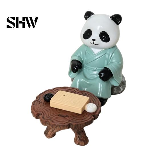 Durable Indoor Outdoor Resin Decor Panda Playing Go Chess Figurine, Zen Robe Tabletop Relaxing Atmosphere Decoration Ornament, Cute Statue for