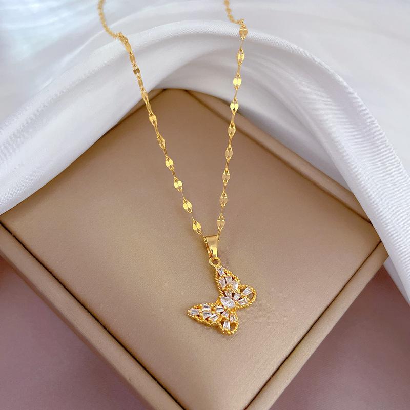 Butterfly Heavy Industry Necklace Women'S Copper Micro-Inlaid Real Gold Electroplating Delicate Clavicle Chain Neck Chain