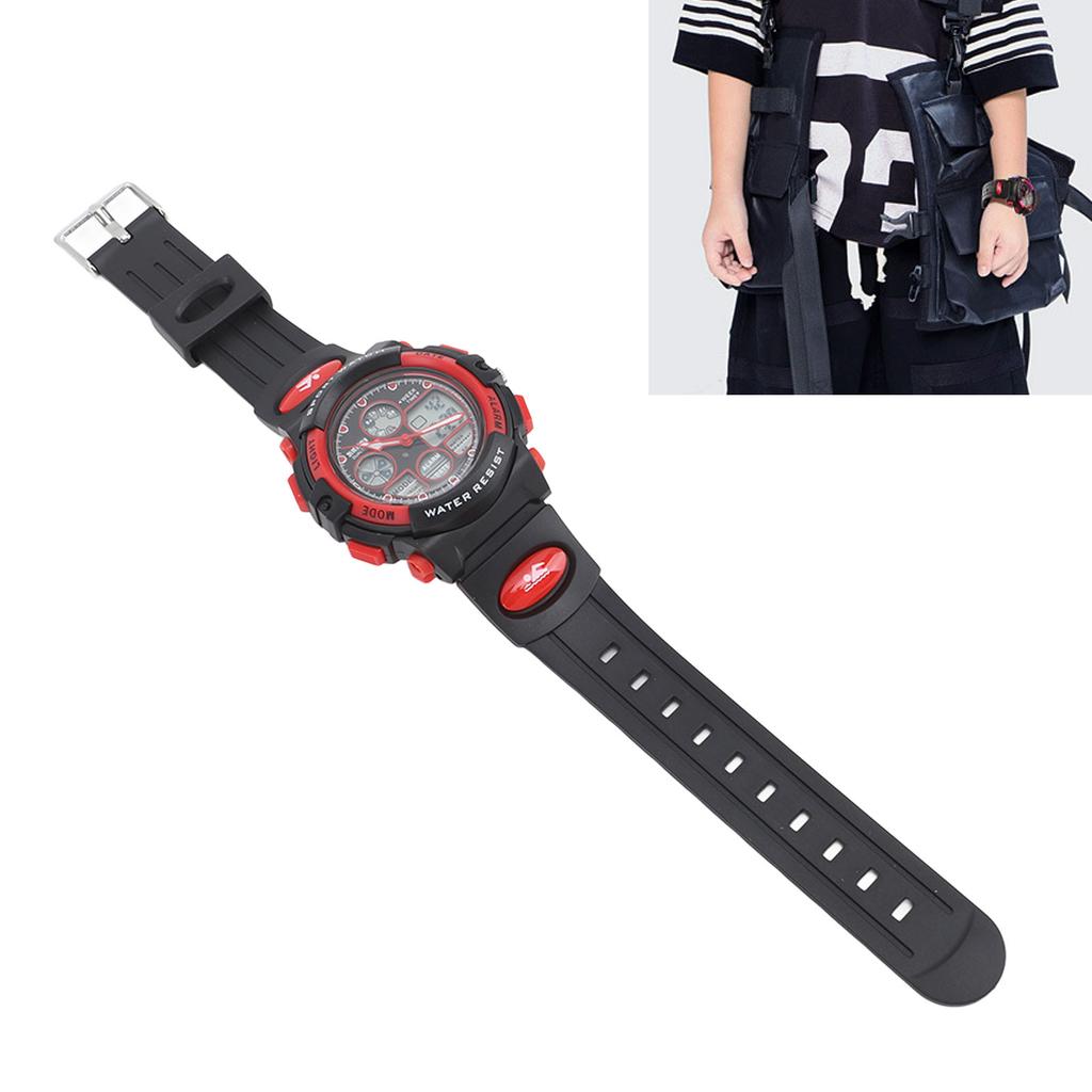 Children Digital Watch Waterproof Dual Movement Multifunctional Soft PU Strap LED Watch