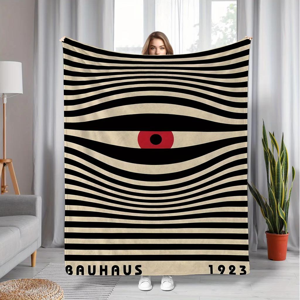 Coperta Flanella Occhio Bauhaus Retro 1923 Fantasia a Strisce Rosso Nero Beige Telo Decorativo per Divano Soggiorno Caldo Morbido Stampa Piatta