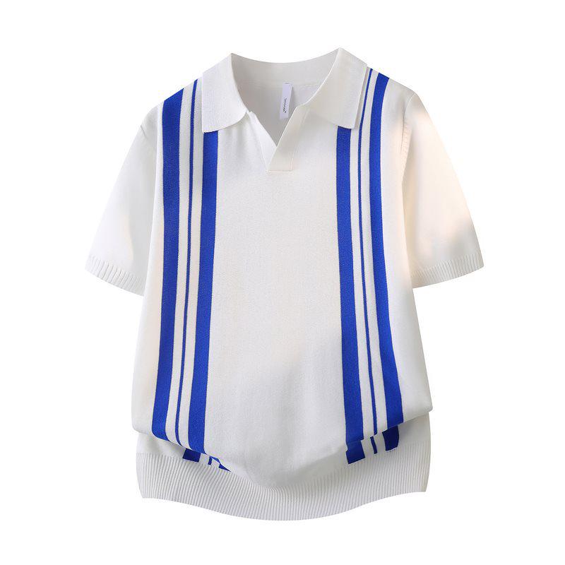 Men's Striped Patchwork Polo Collar Short Sleeve Knit Hoodie Top