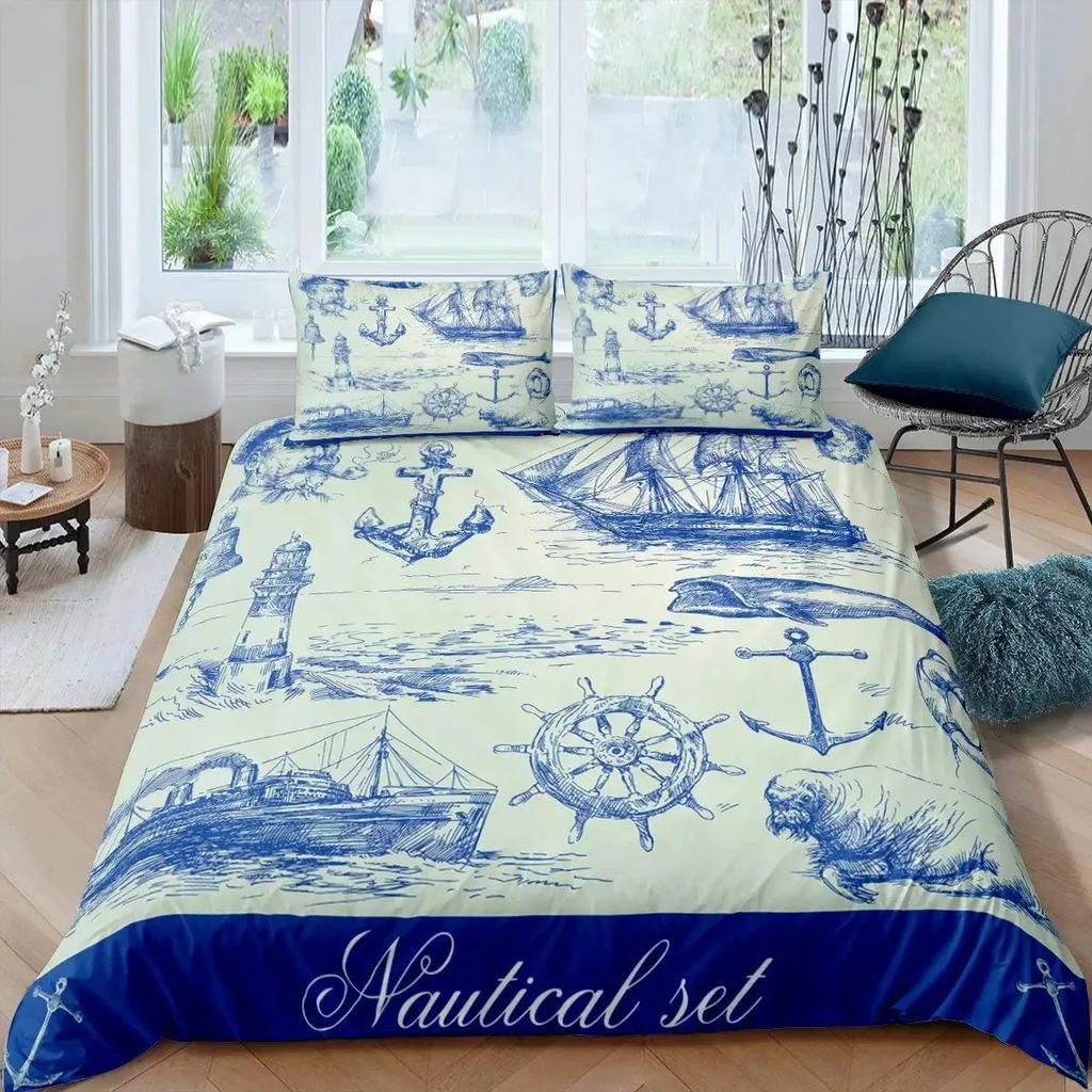 Nautical Anchor Duvet Cover Set Vintage Sail Boat Lighthouse Bedding Set Conch Starfish Seashell Ocean Wave Comforter Cover King