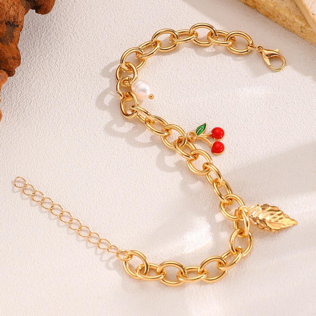 Gold Leaf Red Cherry Pearl Pendant Bracelet Cute New Fashion Bracelet Women's Small Gift Sweet Accessories