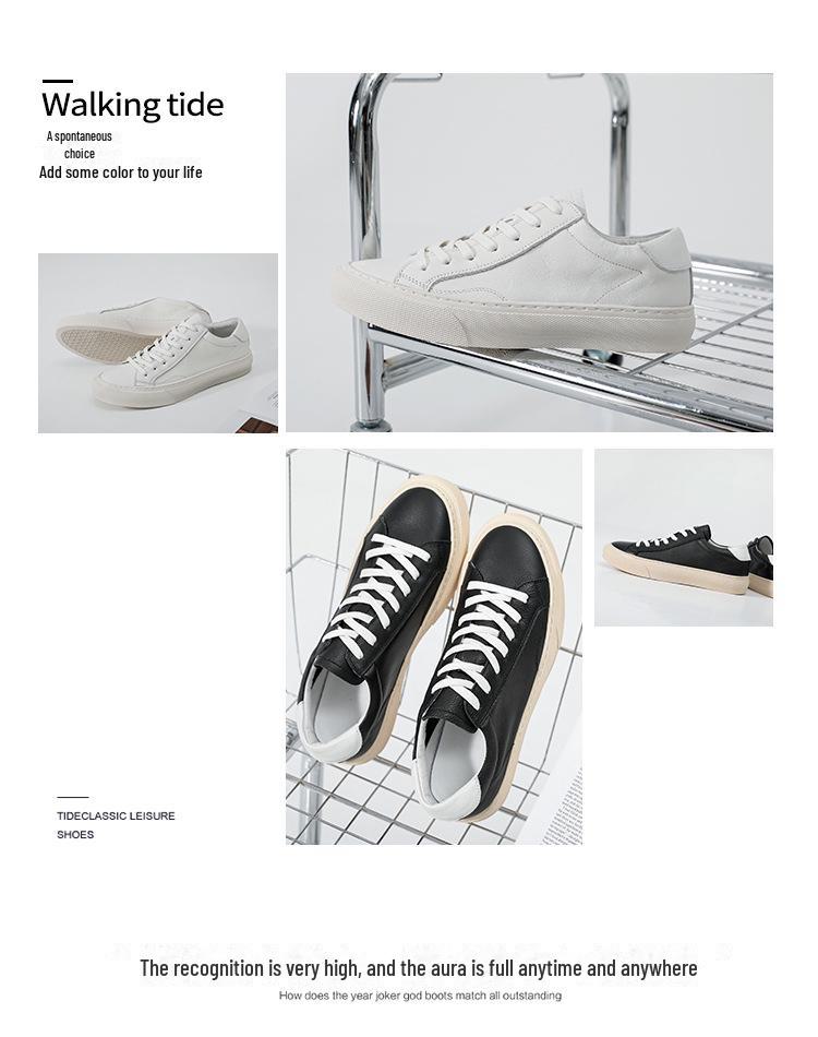 2023 Men's Trendy Low-Top Genuine Leather Sneakers, Korean Style, Breathable White Casual Shoes