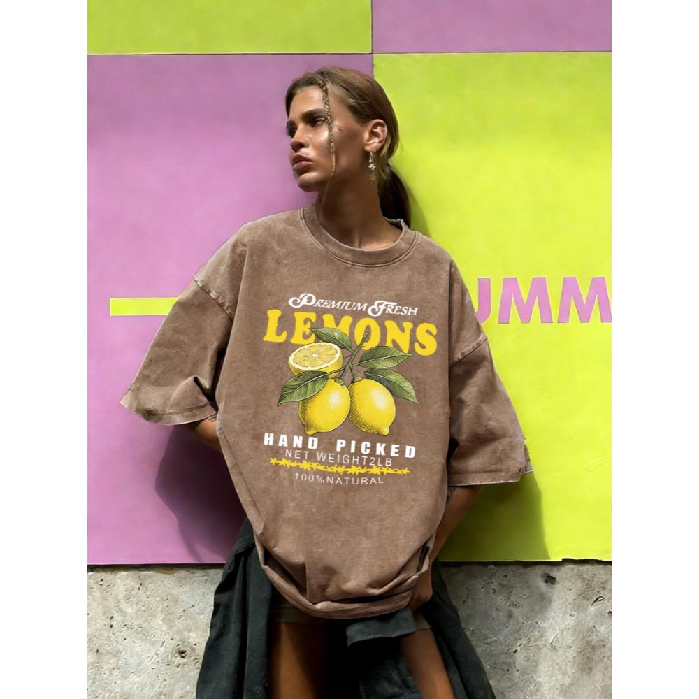 

Hand Picked Natural Lemons Prints Washed Tee Shirts Summer O-Neck Short Sleeve Breathable Cotton Top Loose T-Shirt 3XL