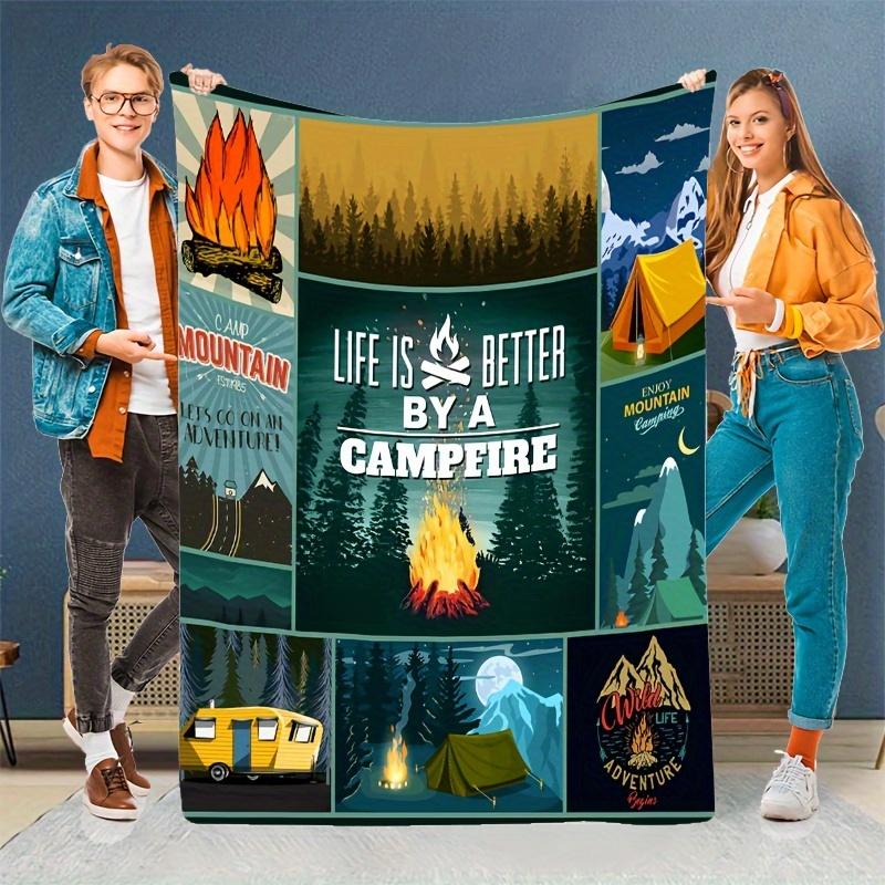 Happy Camping Print Flannel Blanket for Outdoor Hiking Camping, Ideal Camping Themed Gift
