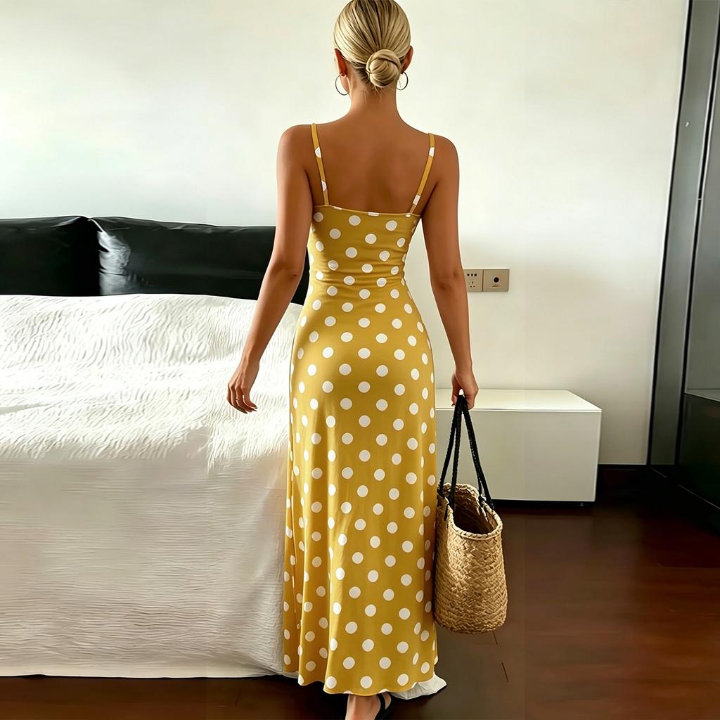 Dámské elegantní maxi šaty s puntíkovaným potiskem, úzkého střihu, na tenkých ramínkách, bez rukávů, letní/jarní outfit