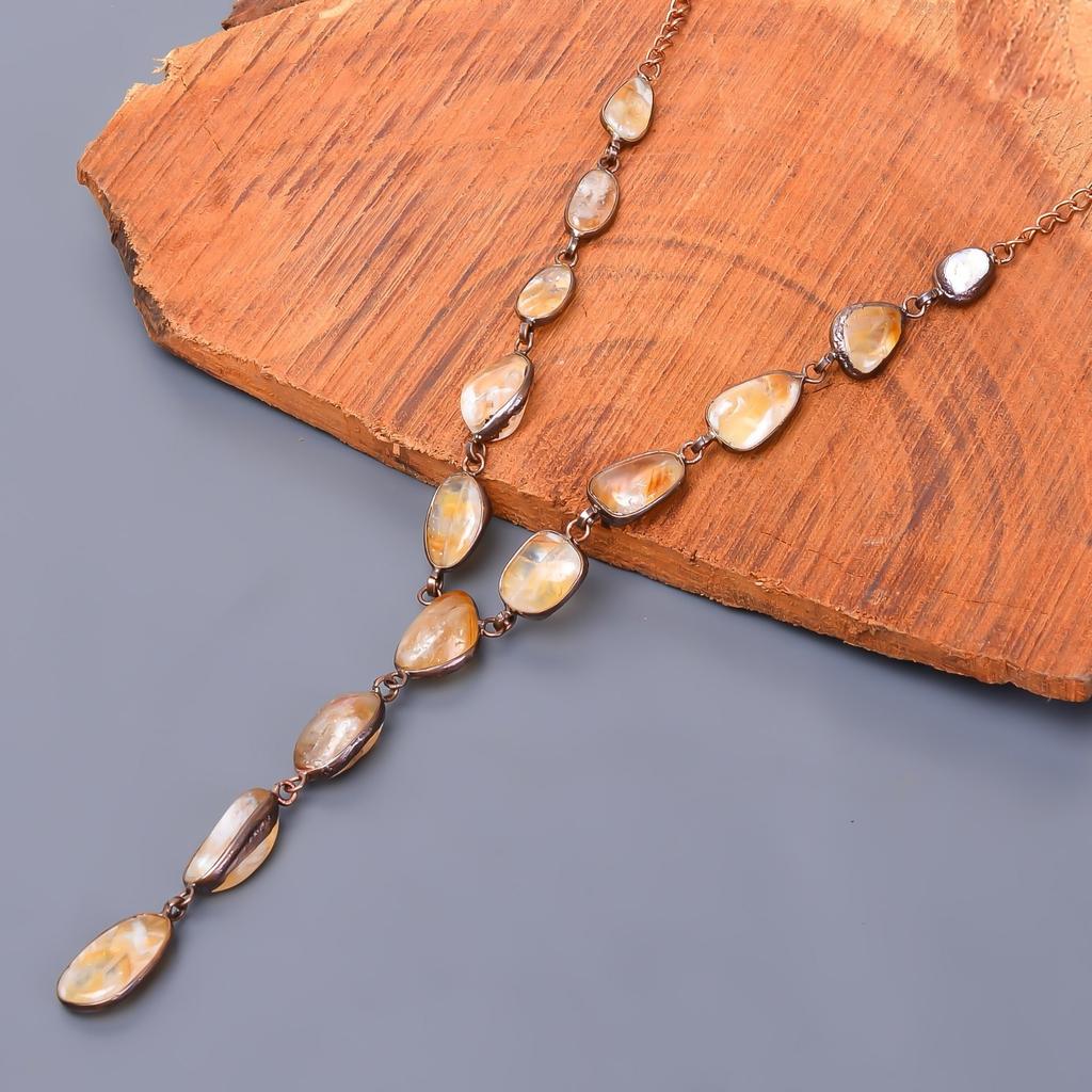 Natural Citrine Rough Copper Birthday Gift Chain Electroformed Necklace Jewelry V-20