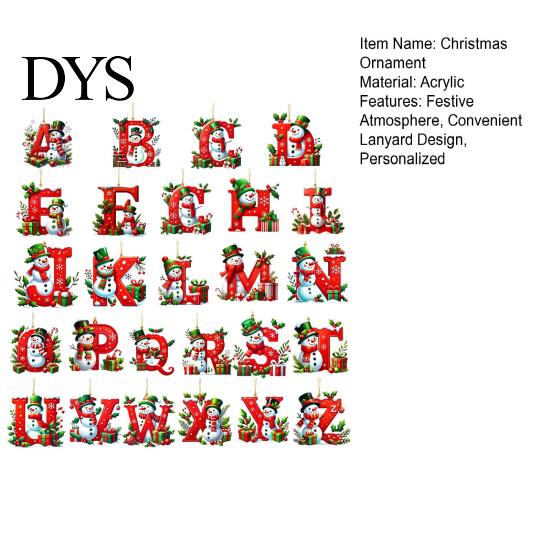 Lightweight Acrylic Alphabet Decorations 26Pcs Christmas Ornament Set, 2D A-Z Letters with Customized Tree Baubles Santa Hat Snowman Design,