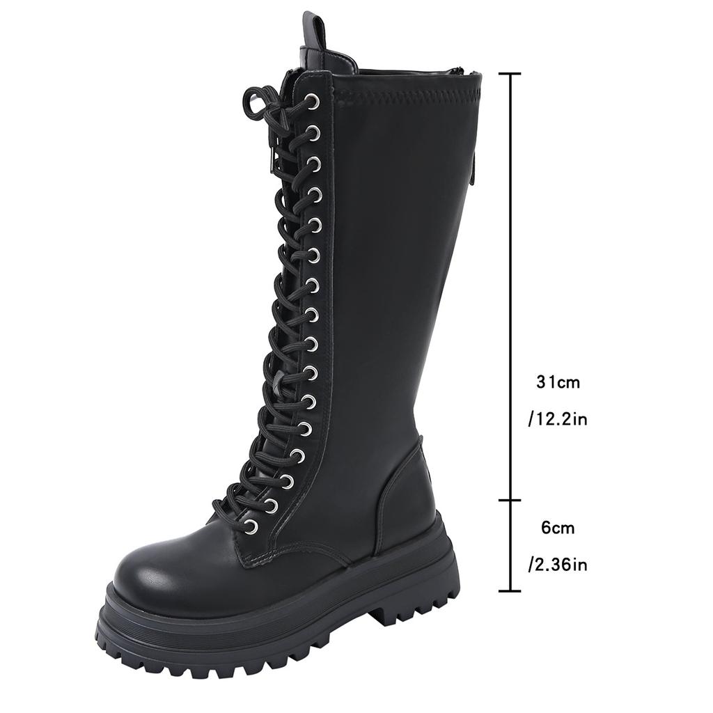 Women's Knee High Boots 6cm Height Increasing Platform Boots Classic Black Knee-high Leather Boots for Women Lace-up Knight Boot